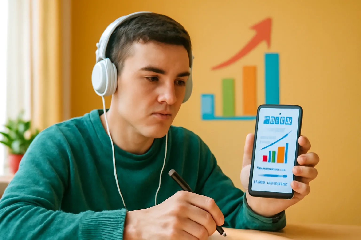 Человек в наушниках записывает лекцию на мобильный телефон, обучаясь.