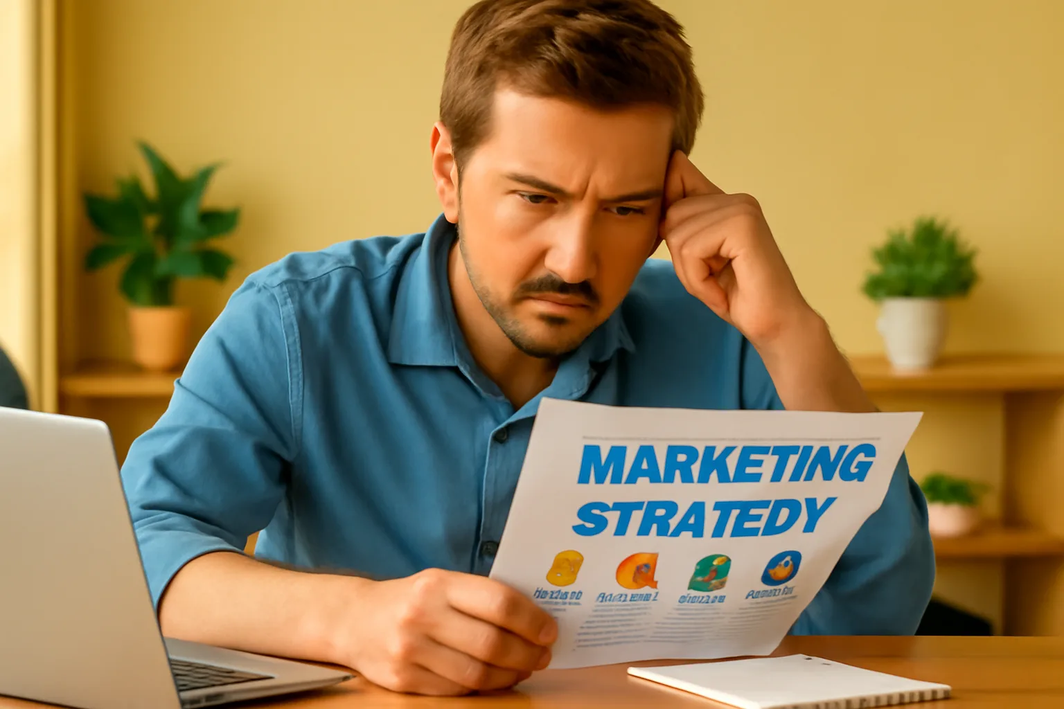 Человек сосредоточенно изучает маркетинговую стратегию за столом.