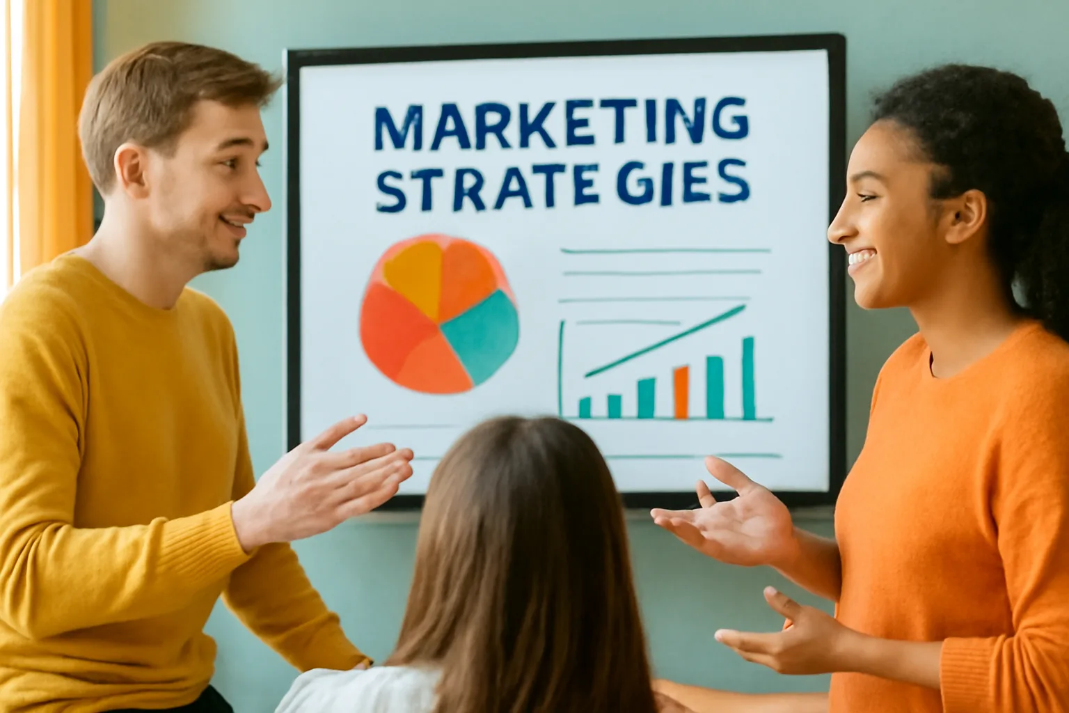 Интерактивный экран с маркетинговыми стратегиями, люди обсуждают данные.