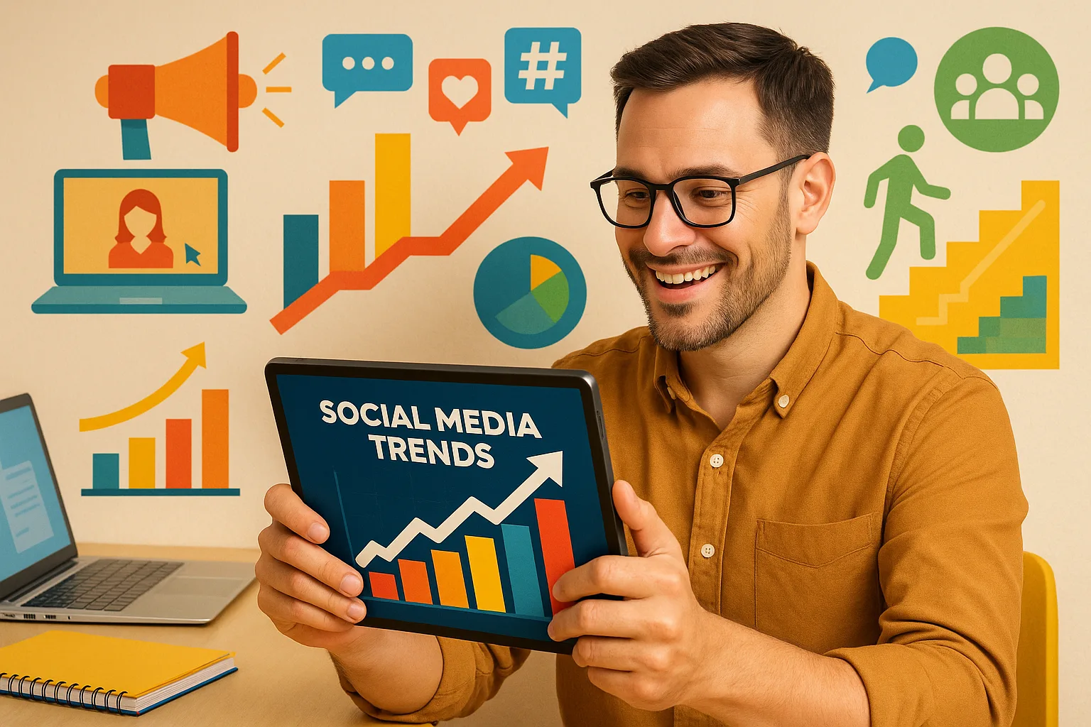 Мужчина с планшетом проверяет тренды в социальных сетях и анализирует график.